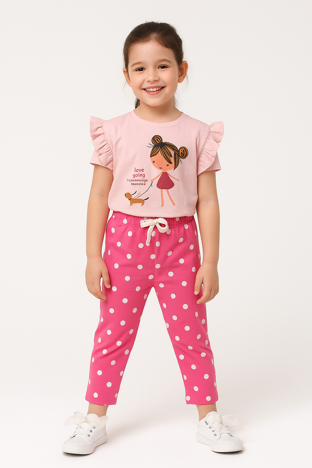 Baby Pink Ruffle Sleeve T-Shirt & Polka Dot Pajama Set