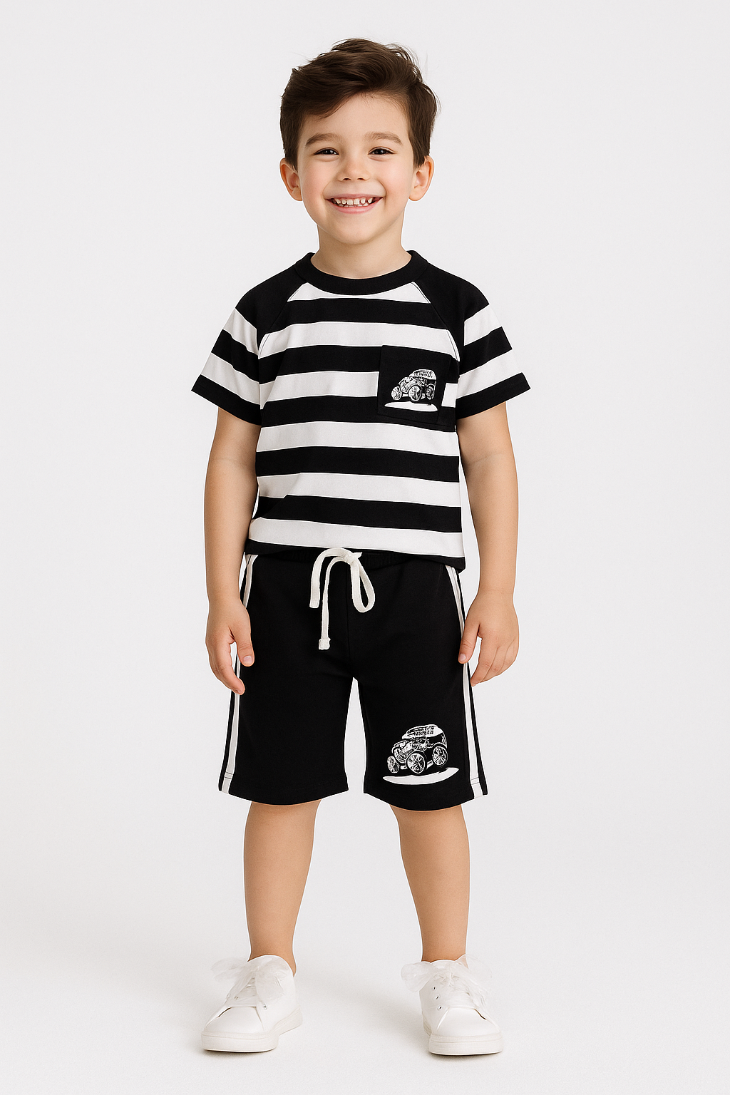 Boys' Summer Striped Monster Truck Outfit – Black & White