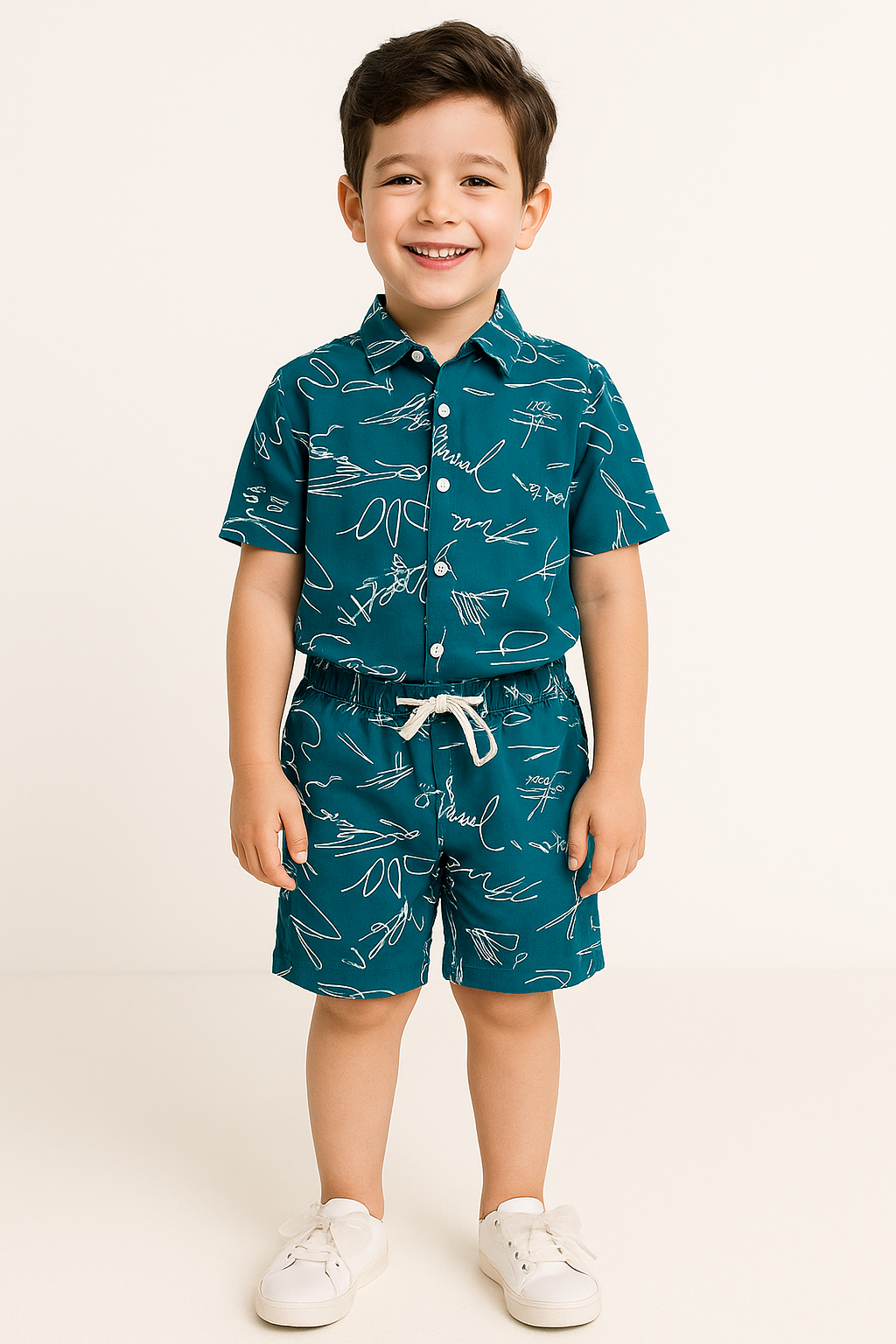 Teal Scribble Print Linen Shirt & Shorts Set