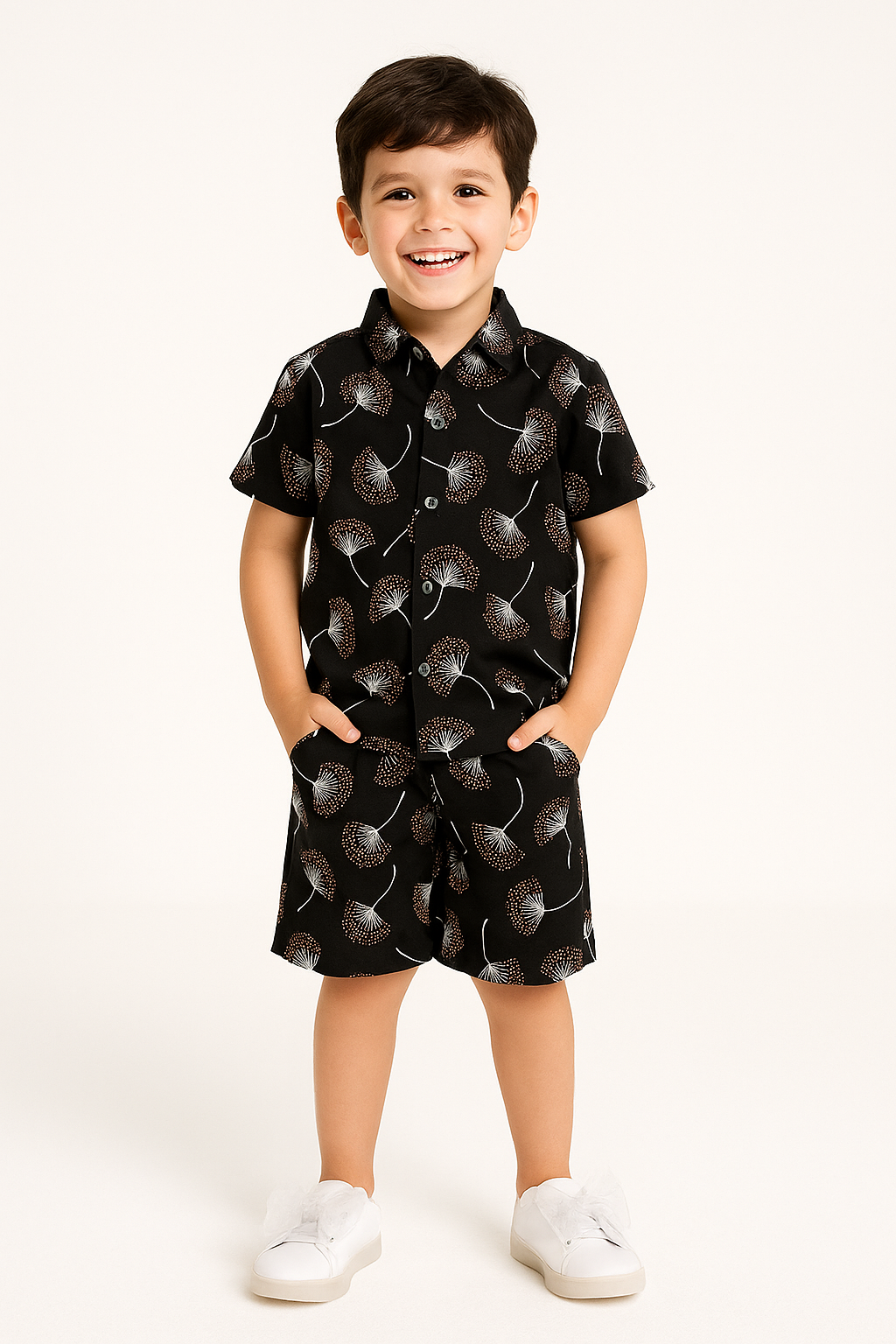 Elegant Floral Summer Linen Co-Ord Set – Black with White & Mauve Print