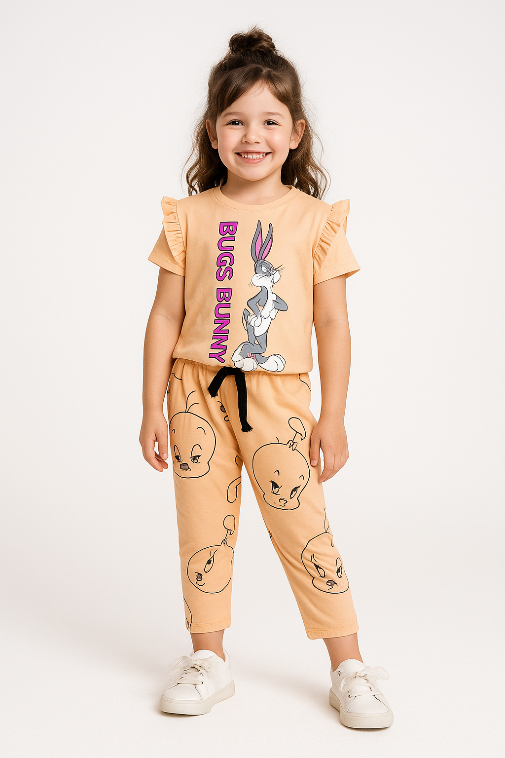 Bugs Bunny Girls Summer Outfit – Peach Ruffle Sleeve Set