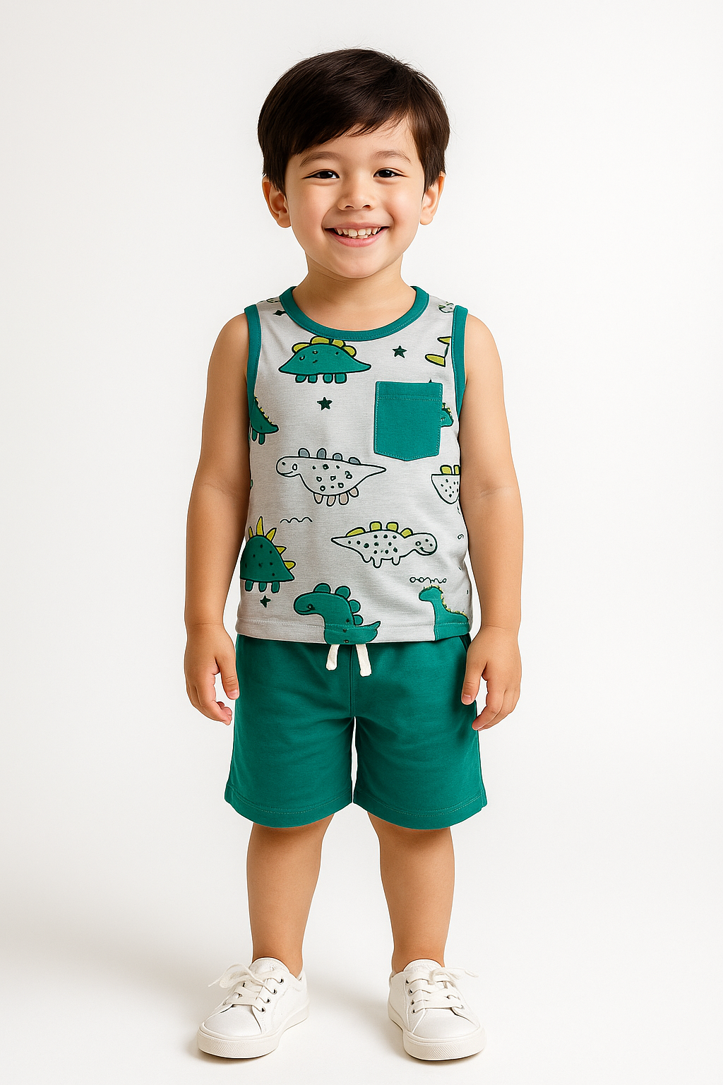 Dino Adventure Sleeveless T-Shirt & Shorts Set – Teal & Grey