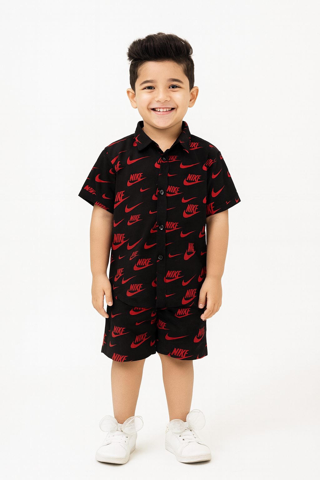 Bold Summer Linen Co-Ord Set – Black & Red Nike Print