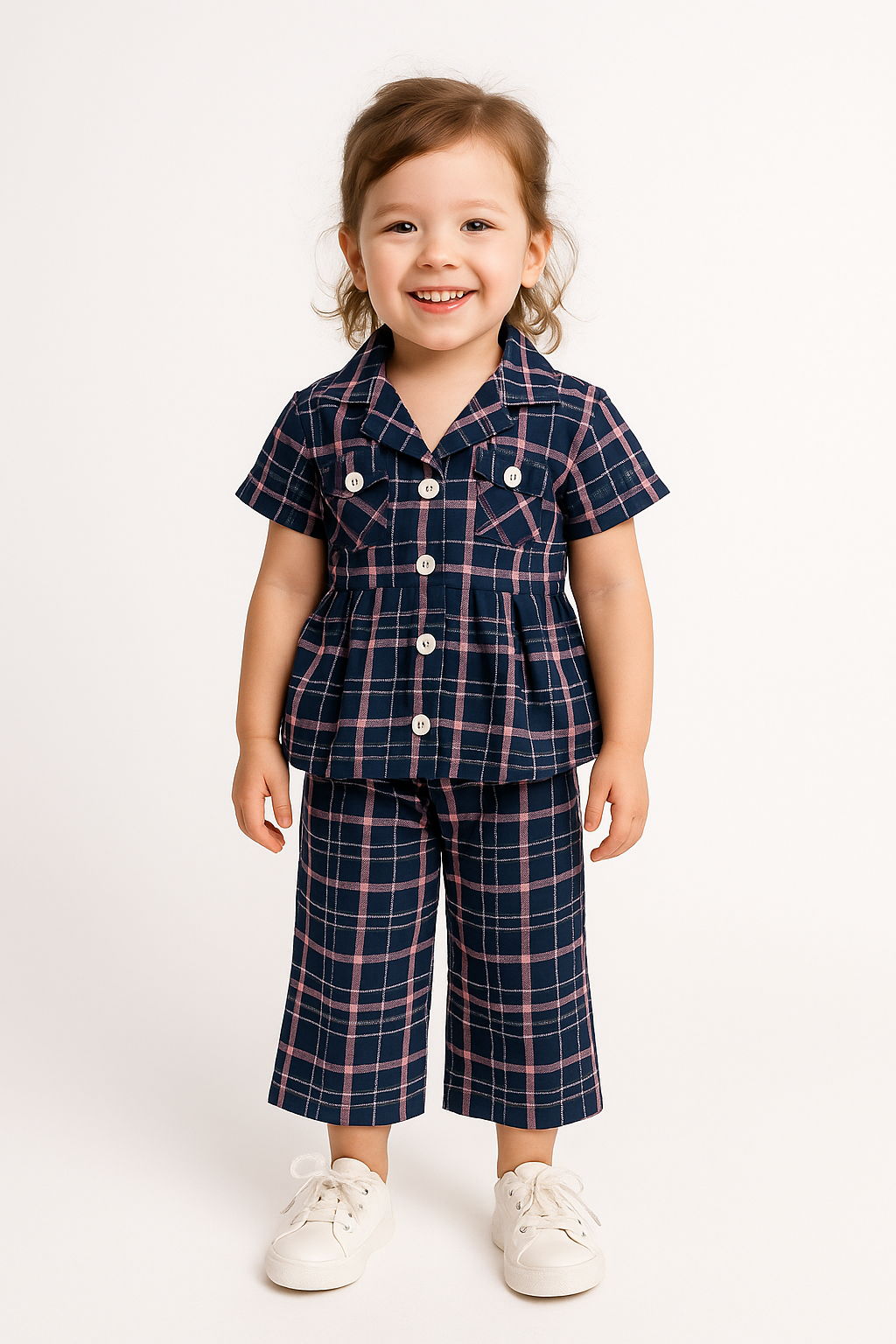 Kids’ Cotton Checkered Summer Kurta & Pajama Set – Navy Blue & Pink