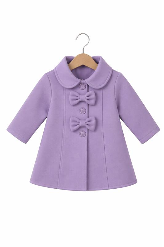 Baby Girl Fleece Winter Coat with Bow Details – Lavender Purple Button-Up Coat