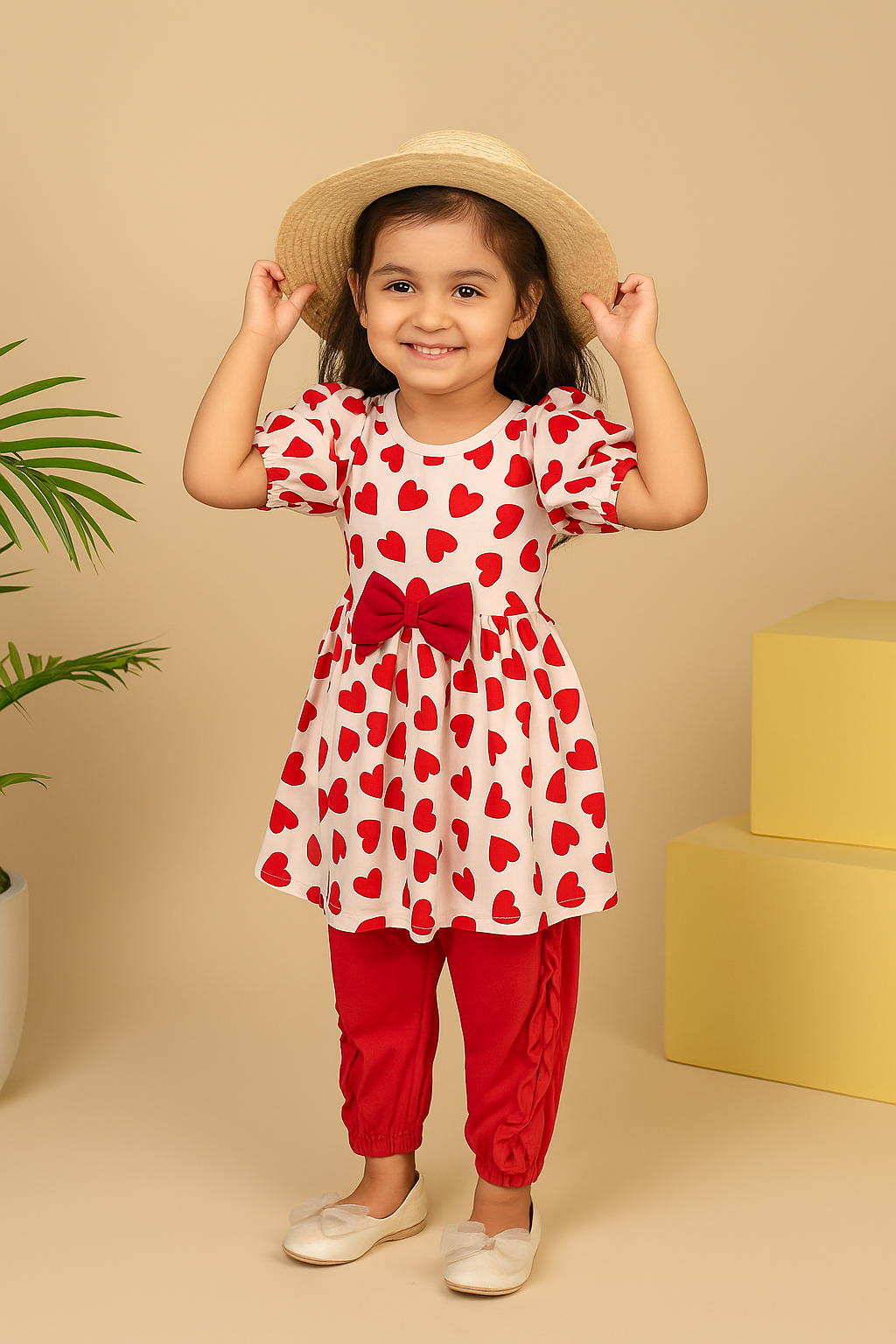 Baby Girl Heart Print Dress with Bow & Frill Pants