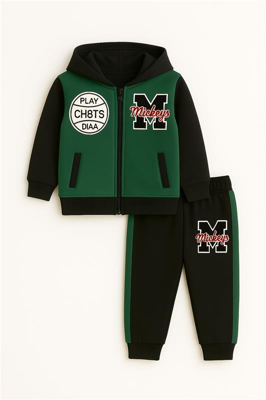 Zipper Green Black Pocket Hoodie With panel Trouser 2pcs Set