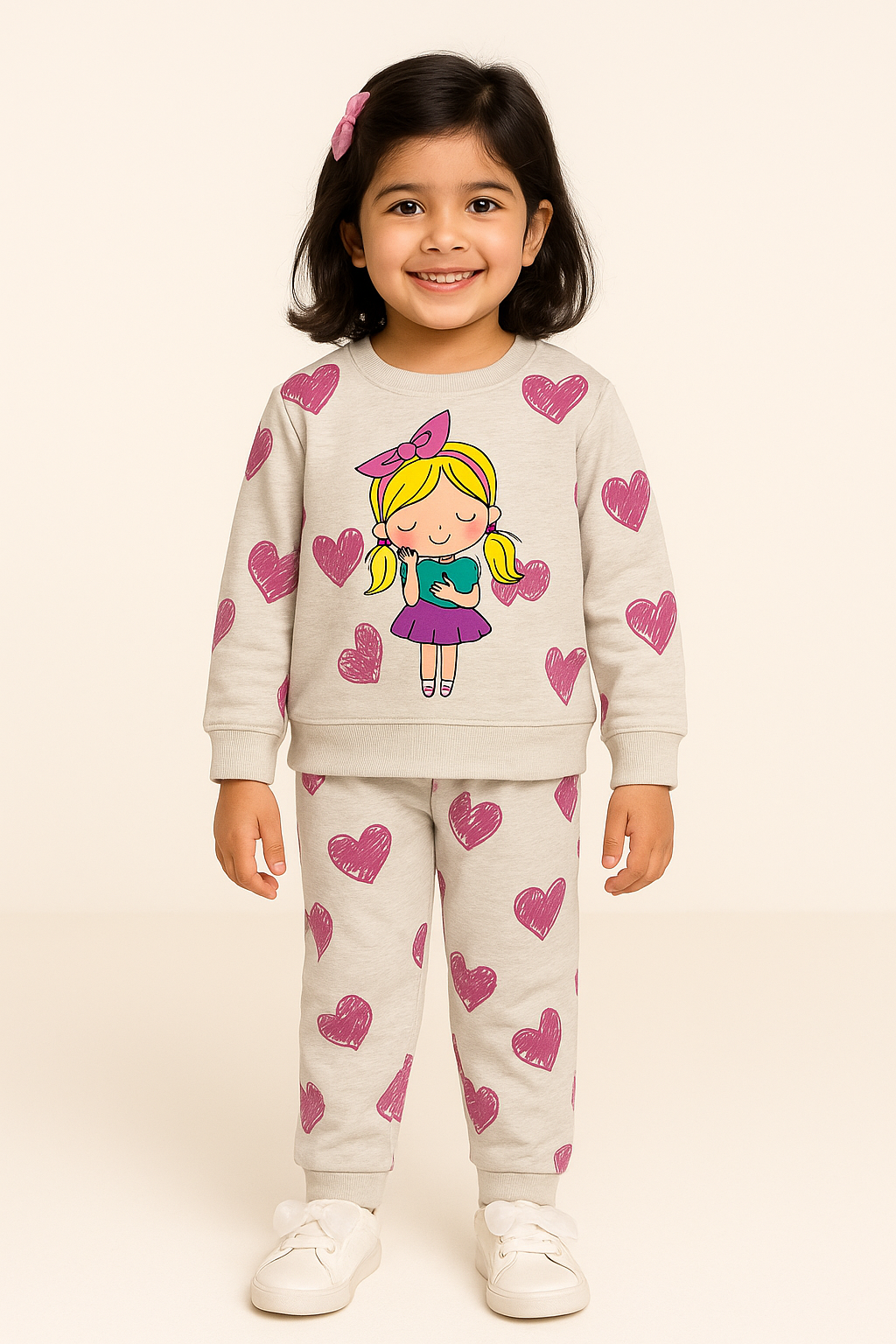 Cartoon Girl & Heart Printed Winter Tracksuit