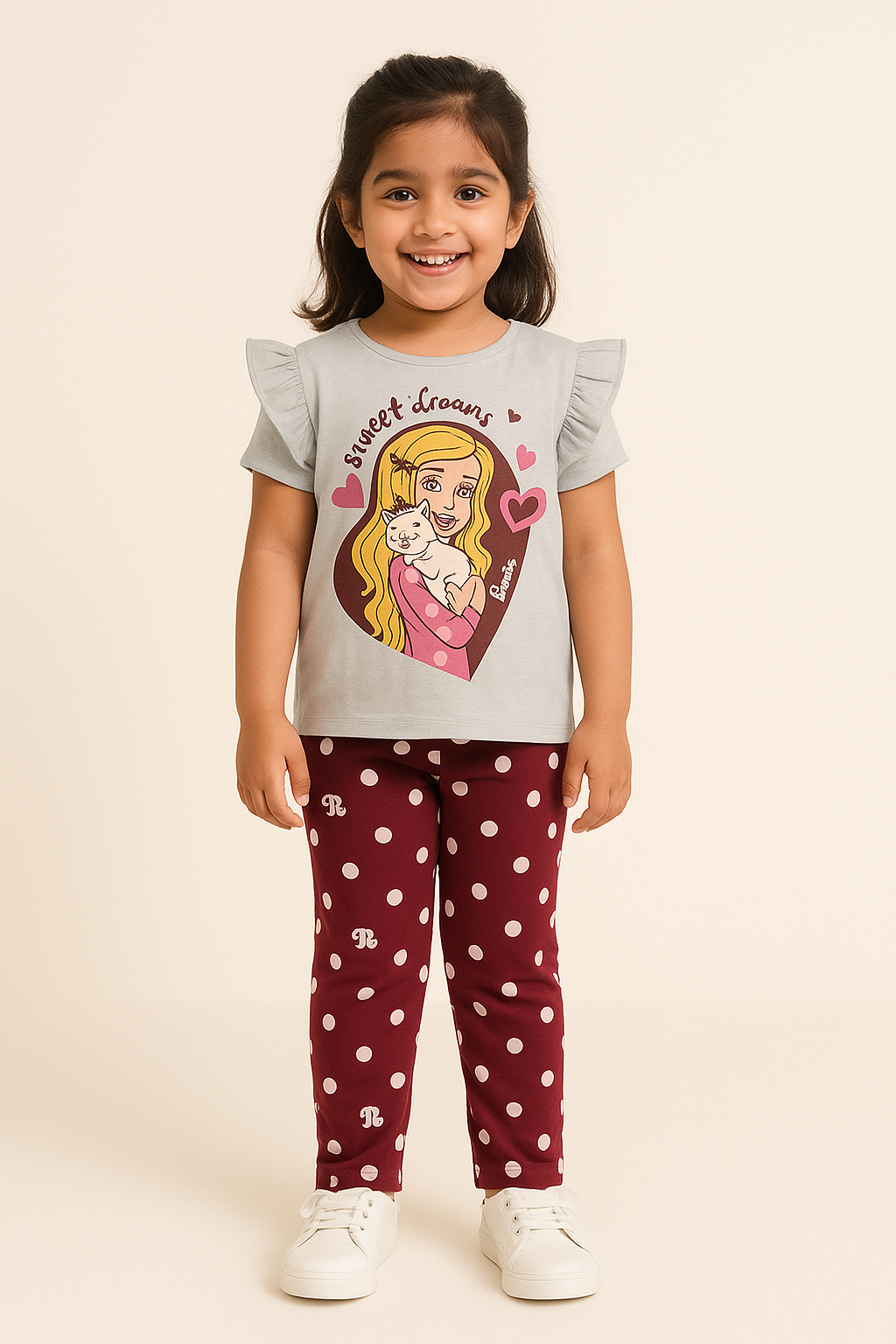 Girls Night Suit - Barbie Sweet Dreams Print Grey Top & Maroon Polka Dot Trousers by MYK