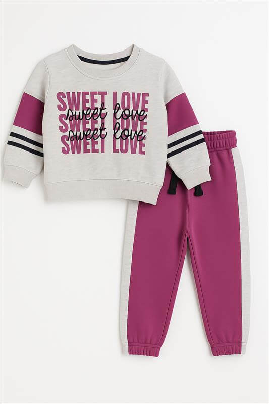 Kids Sweet Love Printed Winter Tracksuit Set