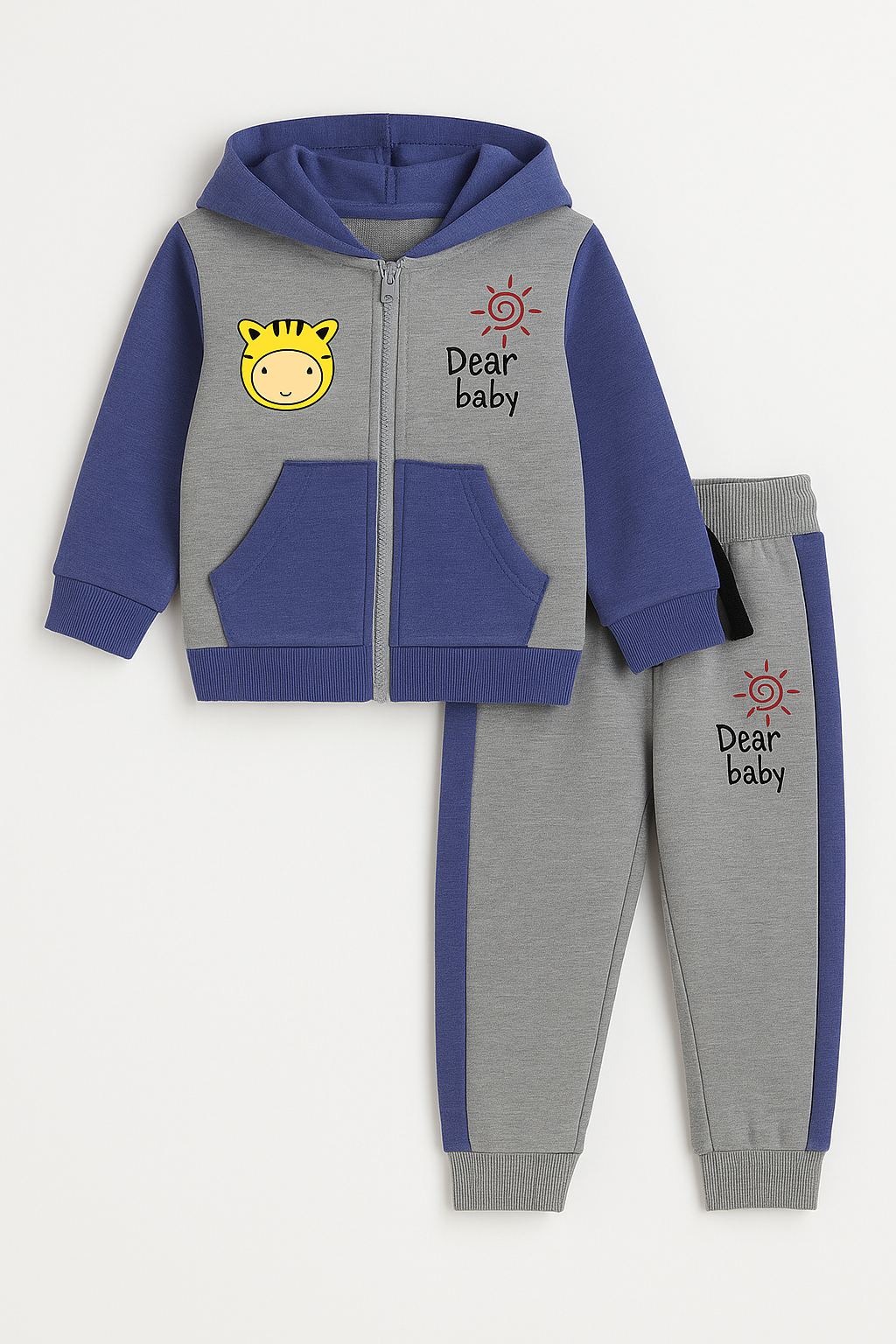 Dear Baby Blue & Grey Zipper Hoodie With Pannel Trouser And Dori 2 Piece Premium Quality Set