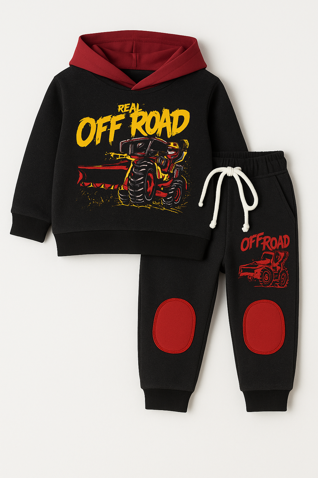 Off Road Charcoal Hoodie with Red Slogan Graphic Patch Colorblock trouser 2 Piece Imported Set