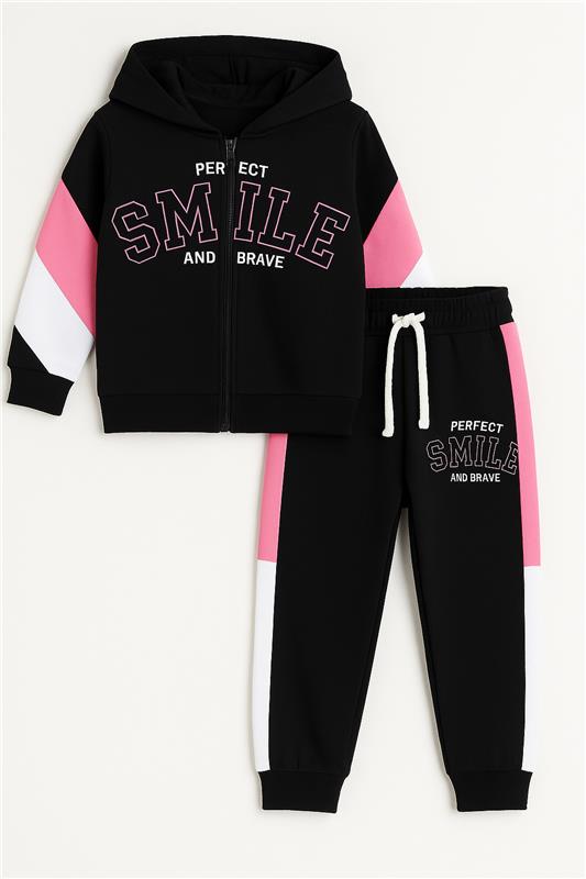 Baby Girl Prefect Smile Pink ,White & Black Zipper Hoodie With Pannel Trouser And Dori Premium Quality Set