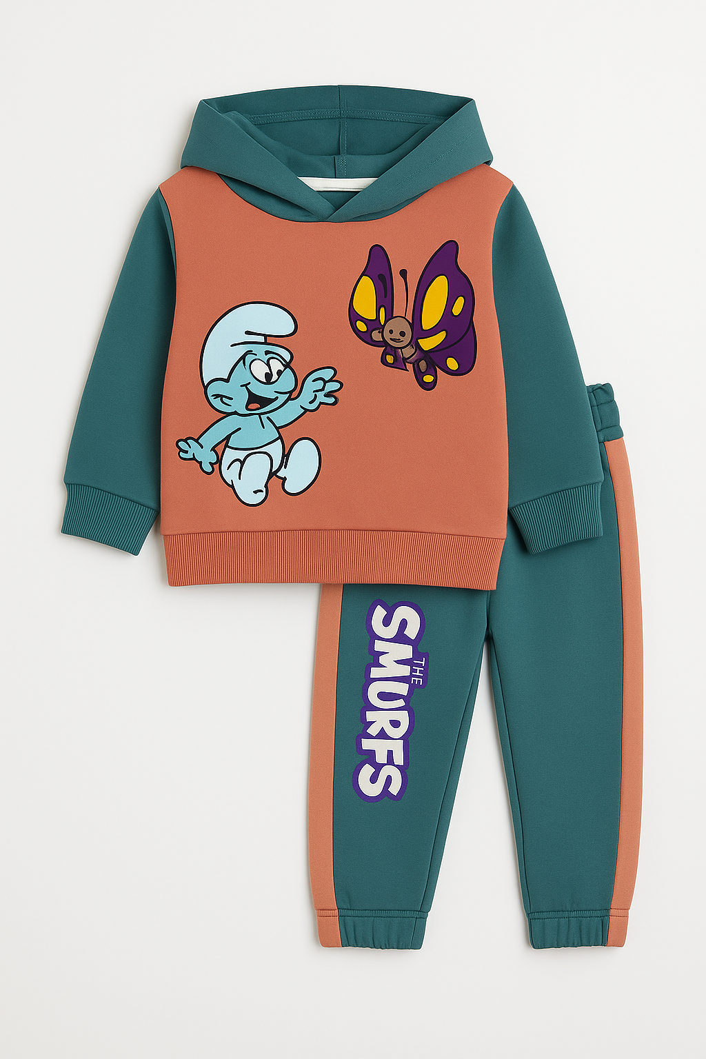 Baby Girls The Smurfs Print Peach Fleece Hoodie With Blue Panel Trouser 2 Piece premium Quality Set
