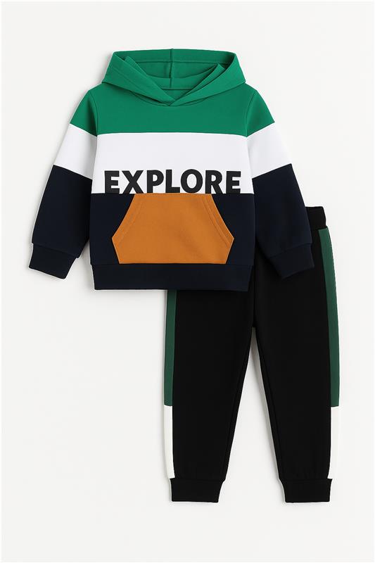 Explore Print Hoodie Green ,White & navy Blue With panel Trouser 2pcs Premium Quality Set