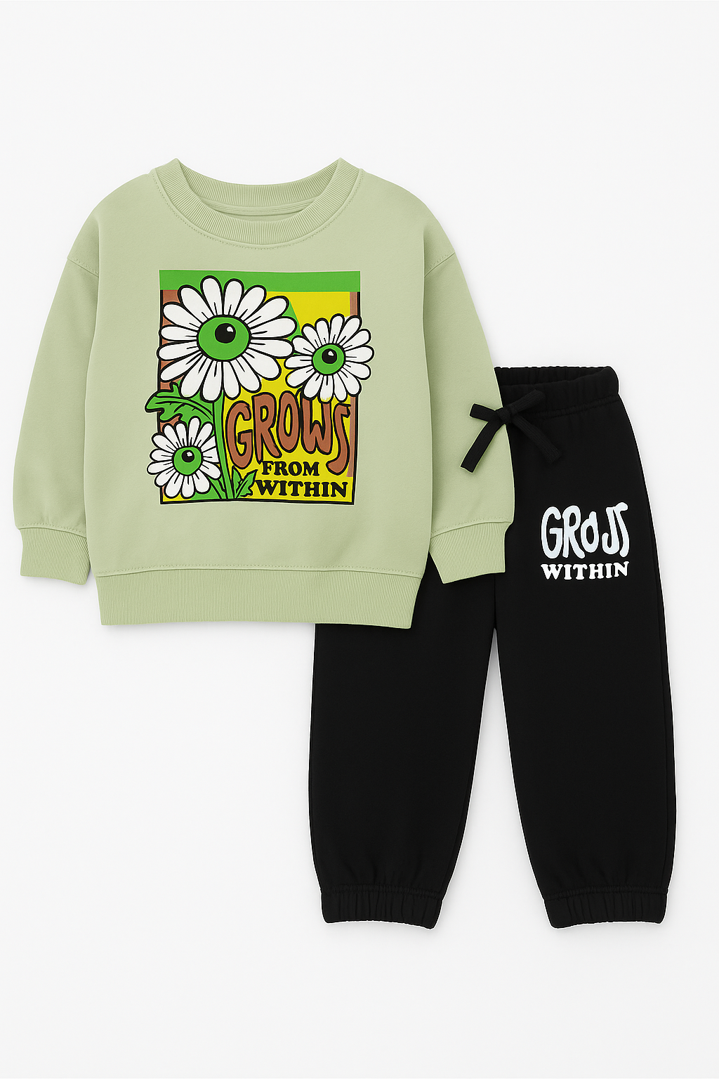 Baby Girls Grows Flowering Fleece White Sweatshirt With Black Trouser 2 Piece premium Quality Set