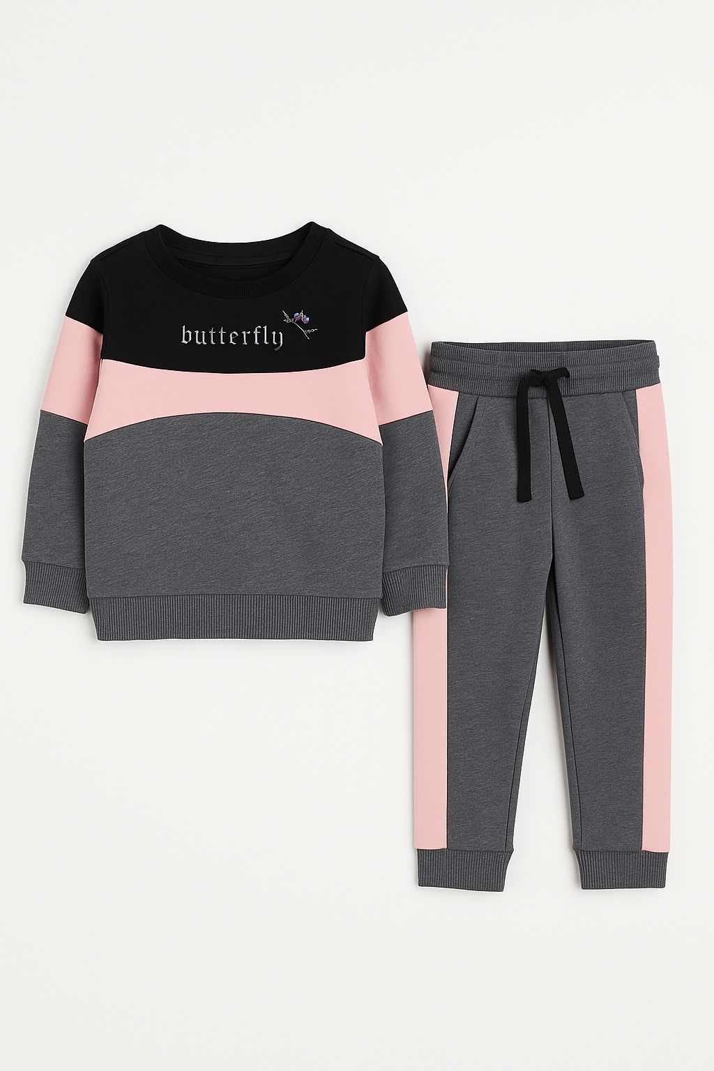 Toddler Girls Butterfly Letter Graphic Black , Pink & Grey Color Sweatshirt With Panel Trouser