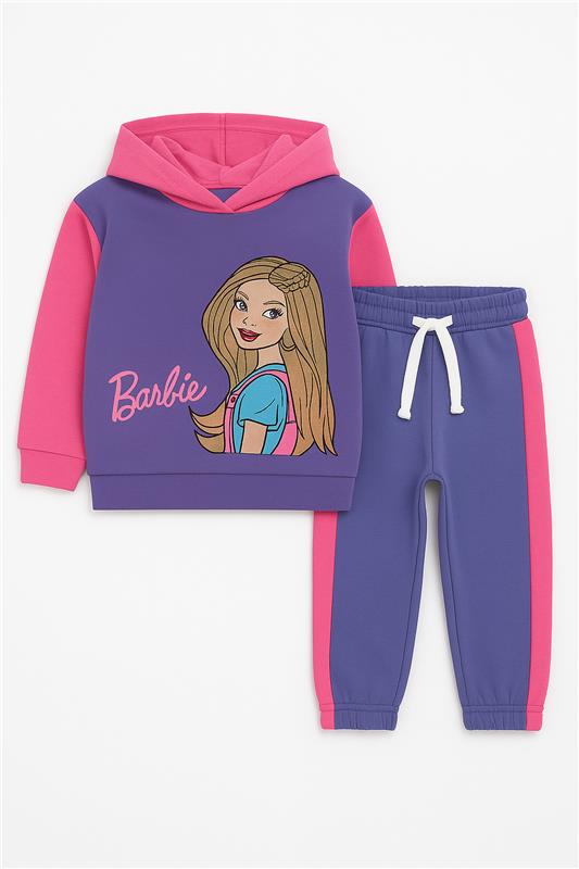 Baby Girls Barbie Fleece Pink Hoodie With Purple Panel Trouser 2 Piece premium Quality Set
