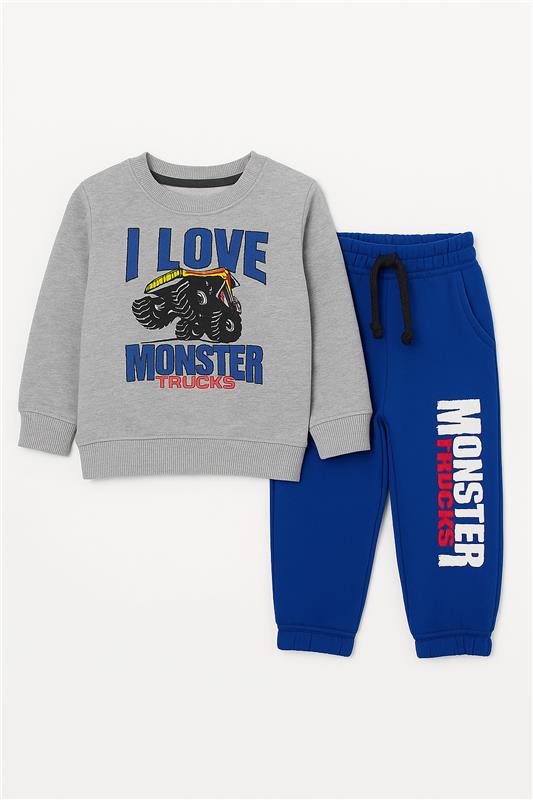I Love Monster Truck Printed Grey Sweatshirt & Blue Trouser With Dori Outfit Premium Quality Set