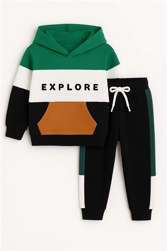 Explore Print Hoodie Dark Green ,White & Black With panel Trouser 2pcs Premium Quality Set
