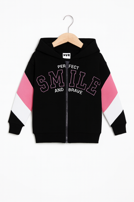 Baby Girl Prefect Smile Pink ,White & Black Zipper Hoodie With Pannel Trouser And Dori Premium Quality Set