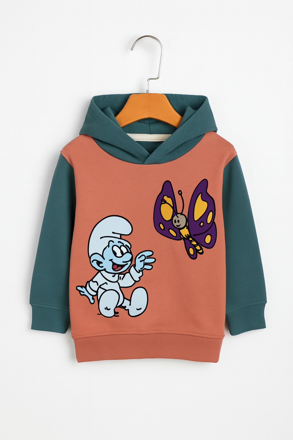 Baby Girls The Smurfs Print Peach Fleece Hoodie With Blue Panel Trouser 2 Piece premium Quality Set