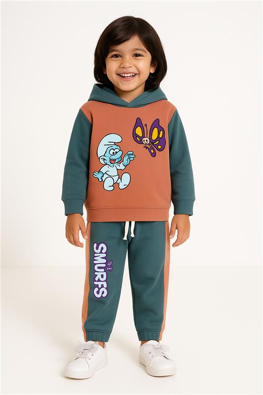 Baby Girls The Smurfs Print Peach Fleece Hoodie With Blue Panel Trouser 2 Piece premium Quality Set