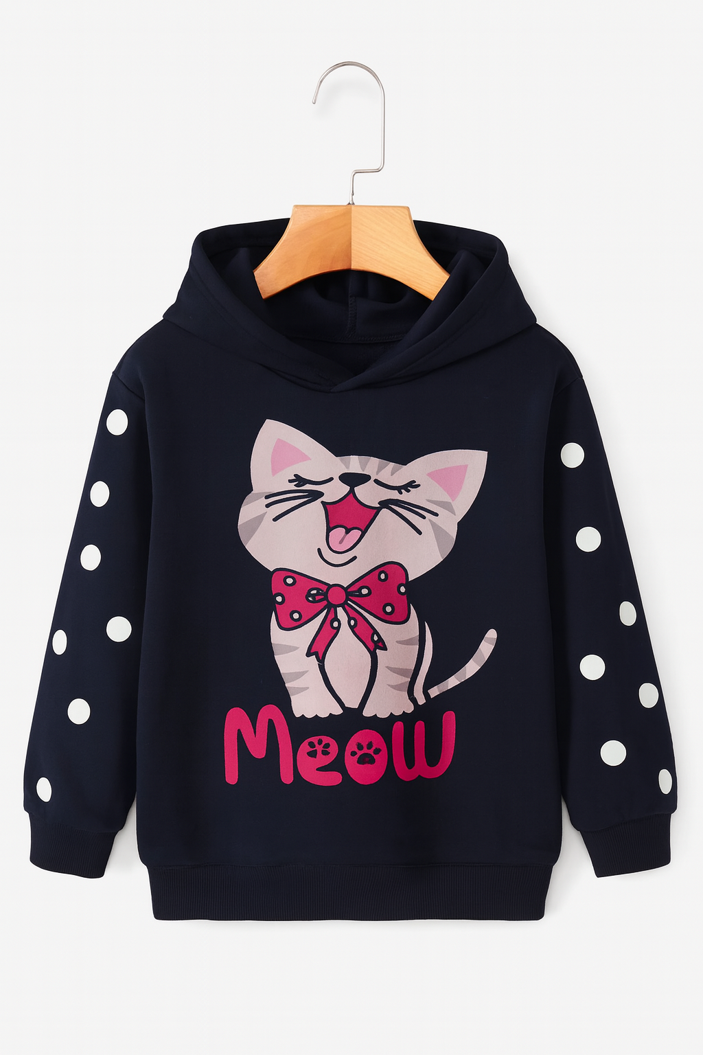 Baby Girls Meow Fleece Navy Blue Hoodie With Pink Frill Trouser 2 Piece premium Quality Set
