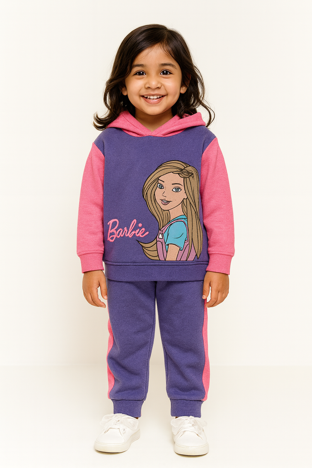 Baby Girls Barbie Fleece Pink Hoodie With Purple Panel Trouser 2 Piece premium Quality Set