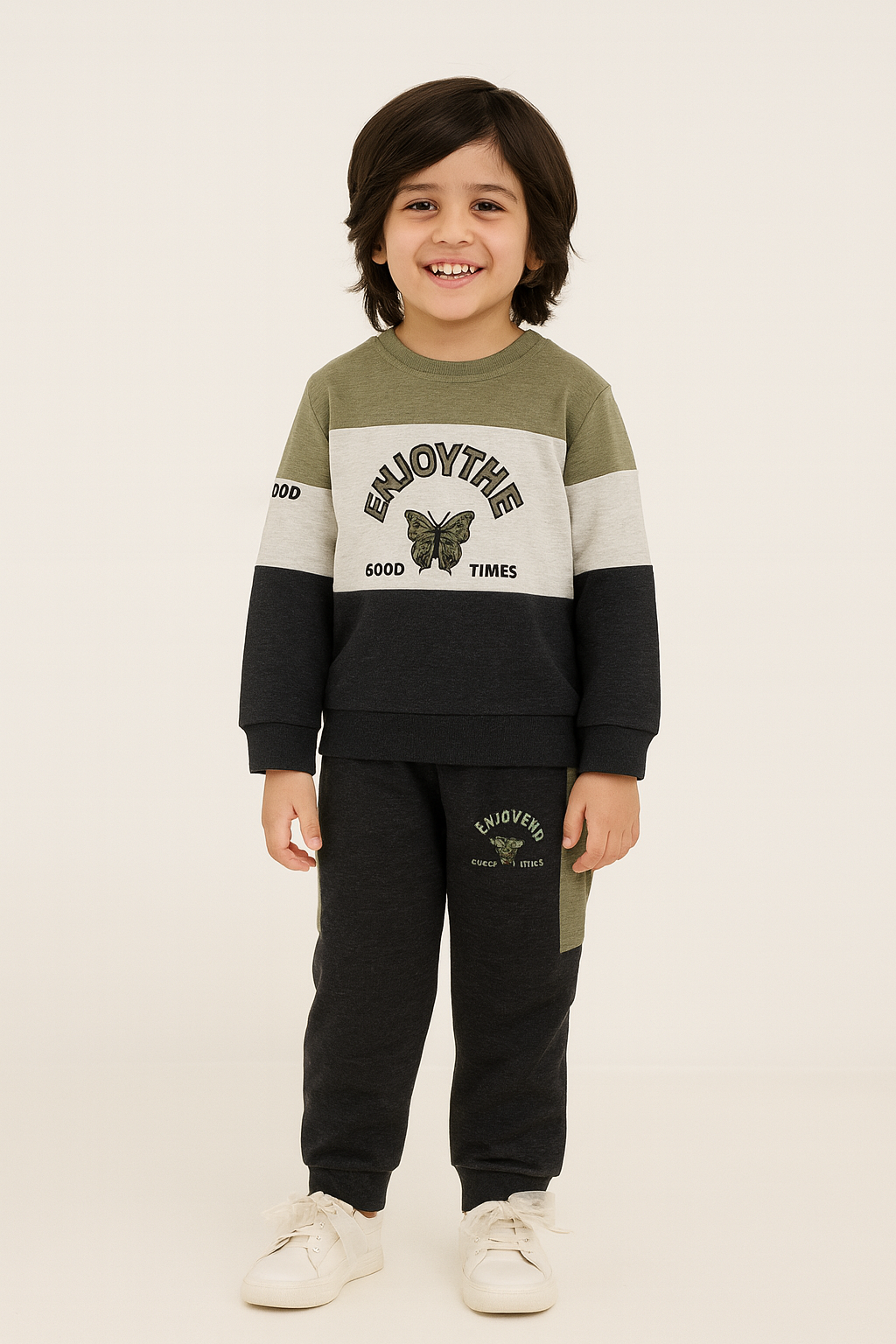 2pcs Set Kids Enjoy Time  Green ,White & navy Blue Sweatshirt With panel Trouser