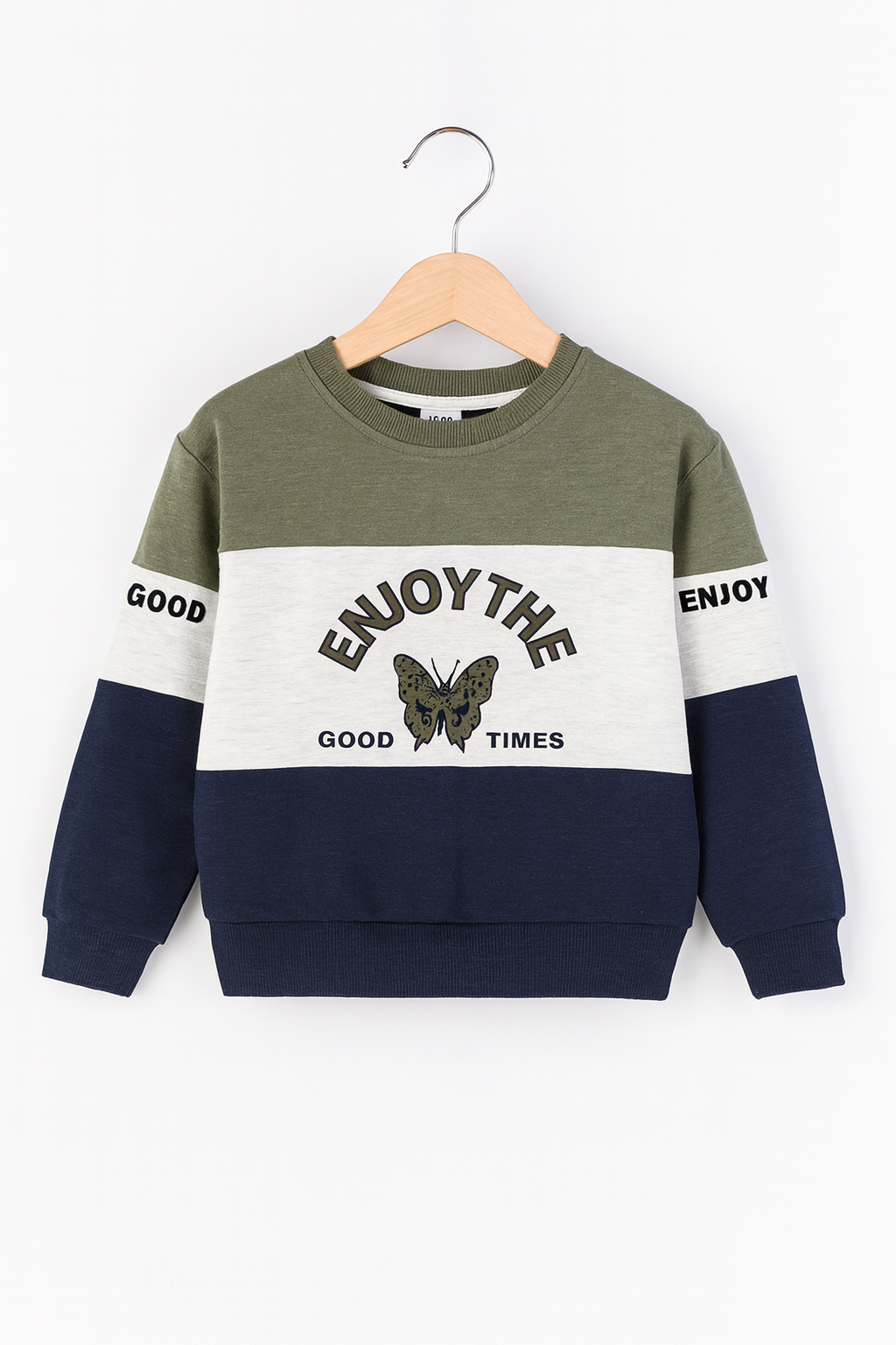 2pcs Set Kids Enjoy Time  Green ,White & navy Blue Sweatshirt With panel Trouser