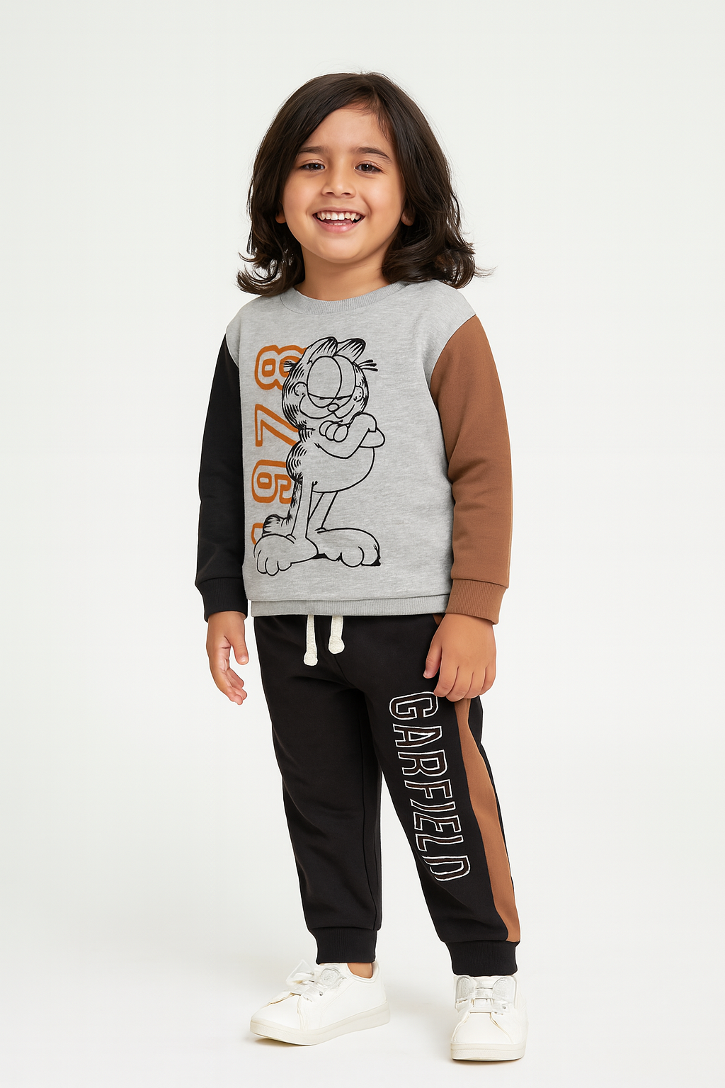 Kids Grey ,brown & black Garfield Print Sweatshirt With Panel Trouser Premium Quality Set
