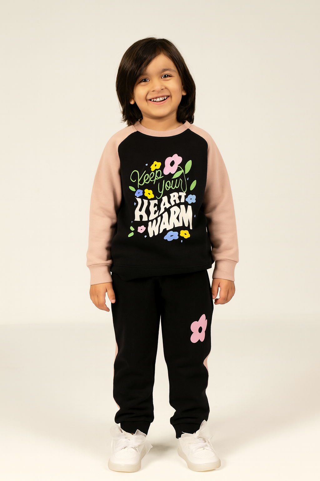 Keep Your Heart Warm Baby Girls Pink & Black Graphic Sweatshirt With Panel Trouser