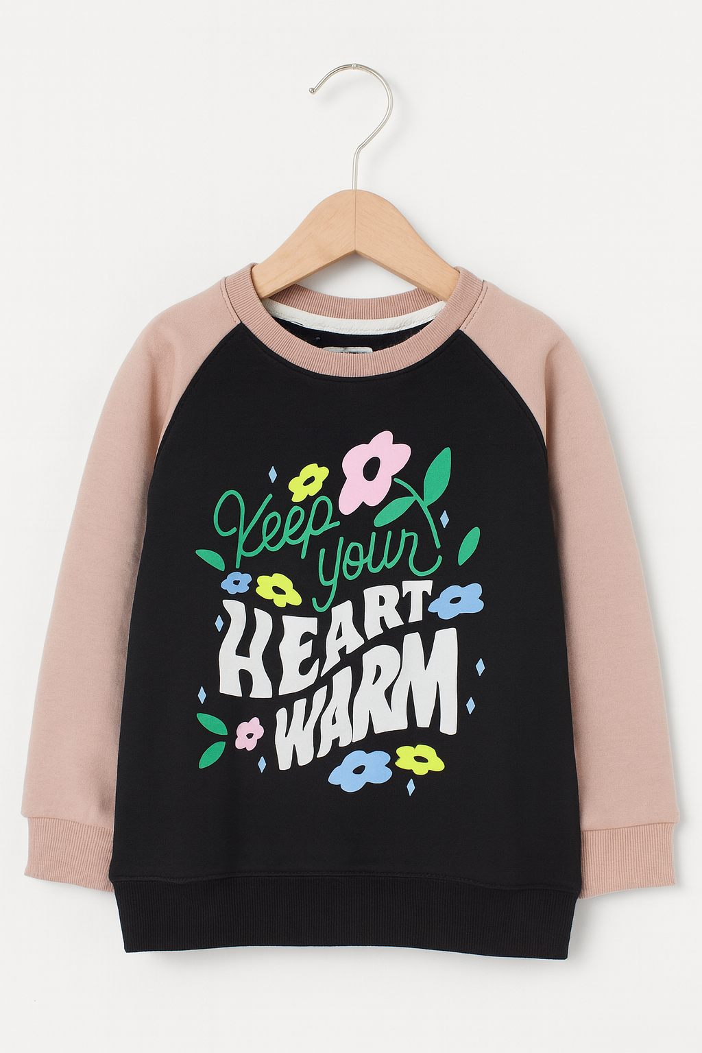 Keep Your Heart Warm Baby Girls Pink & Black Graphic Sweatshirt With Panel Trouser