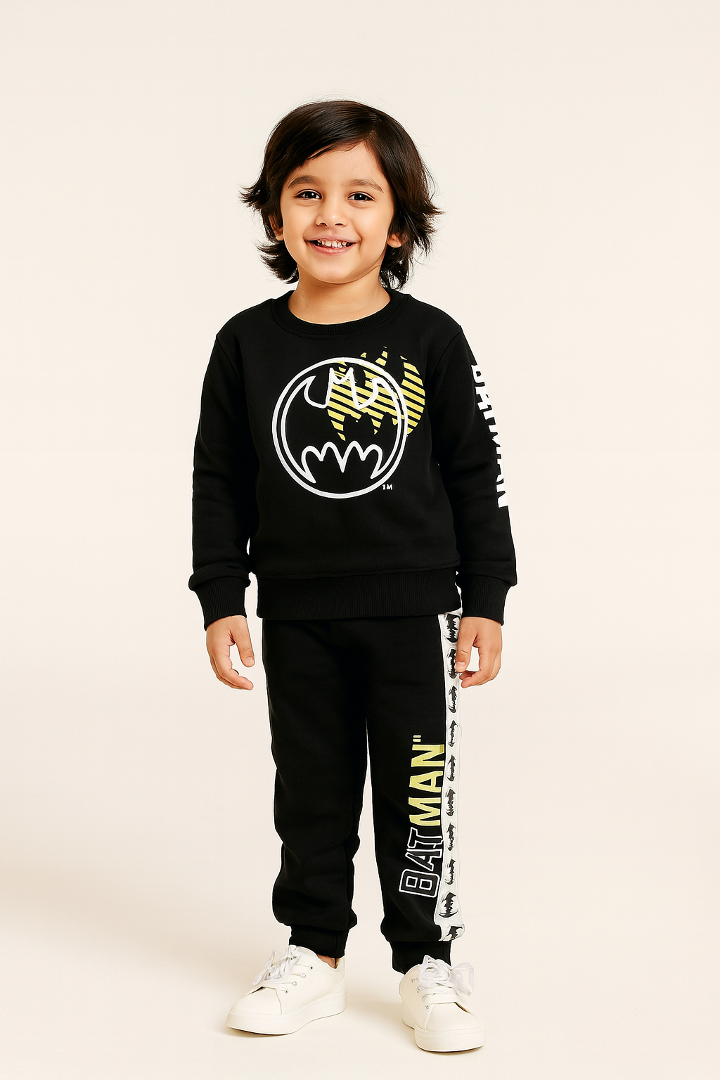 Kids Black Yellow Batman Logo Sweatshirt Long Sleeves With Panel Trouser