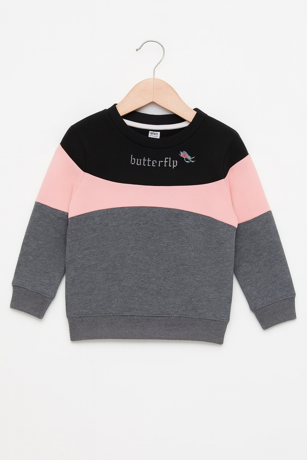 Toddler Girls Butterfly Letter Graphic Black , Pink & Grey Color Sweatshirt With Panel Trouser
