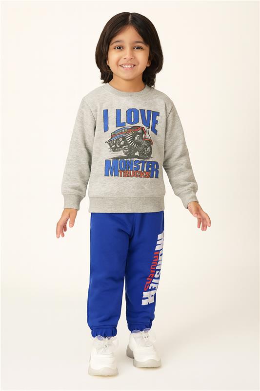 I Love Monster Truck Printed Grey Sweatshirt & Blue Trouser With Dori Outfit Premium Quality Set