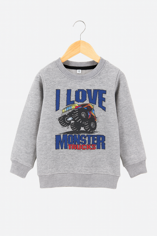 I Love Monster Truck Printed Grey Sweatshirt & Blue Trouser With Dori Outfit Premium Quality Set