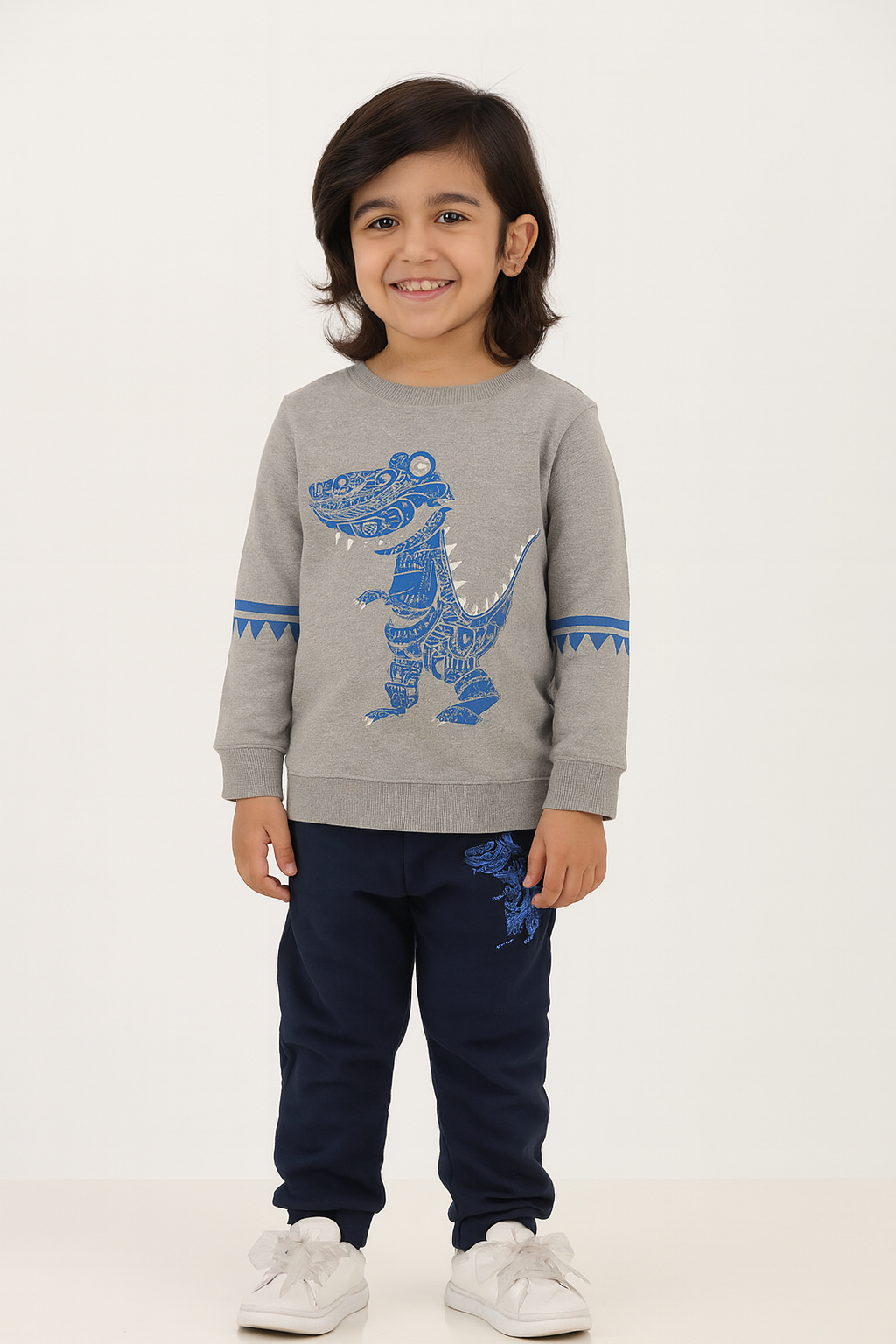 Toddler Baby Boy Grey Dinosaur Sweatshirt  Long Sleeve Pullover With Navy Blue Pocket Trouser