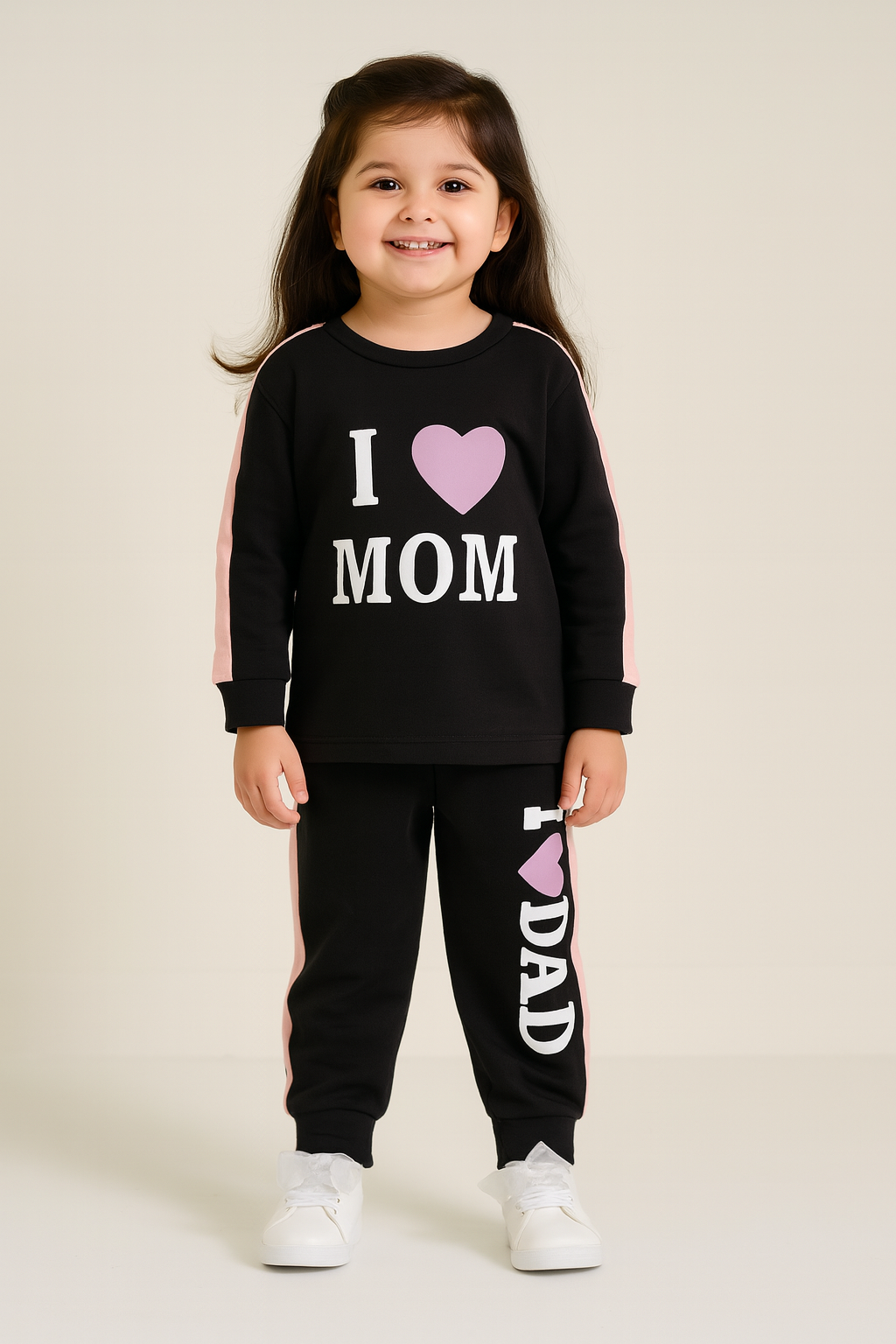 Baby Girls' Casual "I Love Mom, I Love Dad" Slogan Sweatshirt and Trouser 2 Piece Set