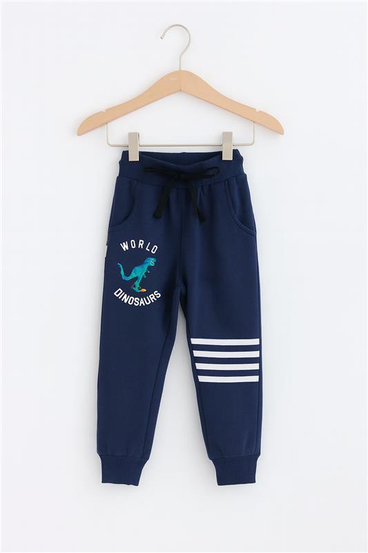 kookie Kids full length navy Blue Dino Printed And Striped Winter Wear Lounge