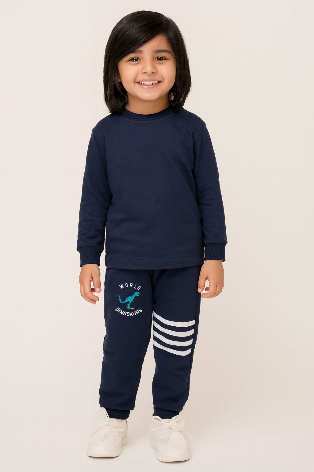 kookie Kids full length navy Blue Dino Printed And Striped Winter Wear Lounge