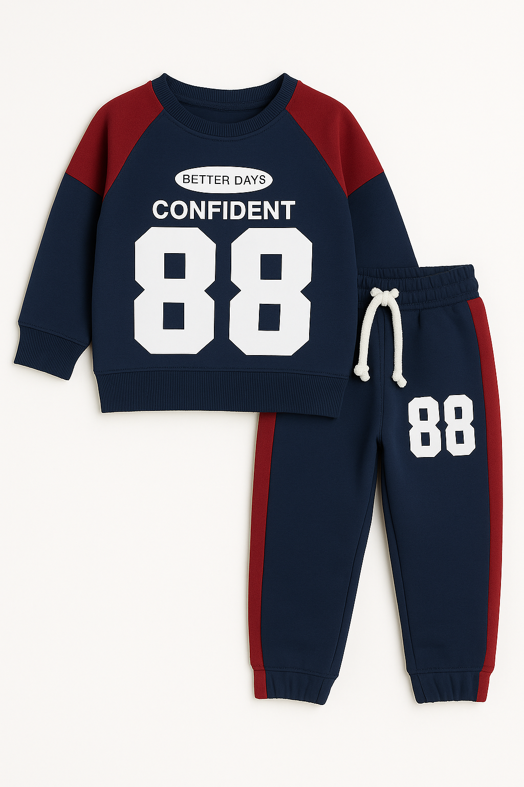 Confident 88 Kids Tracksuit in navy and red featuring sweatshirt with 'Better Days Confident 88' print and matching trousers.