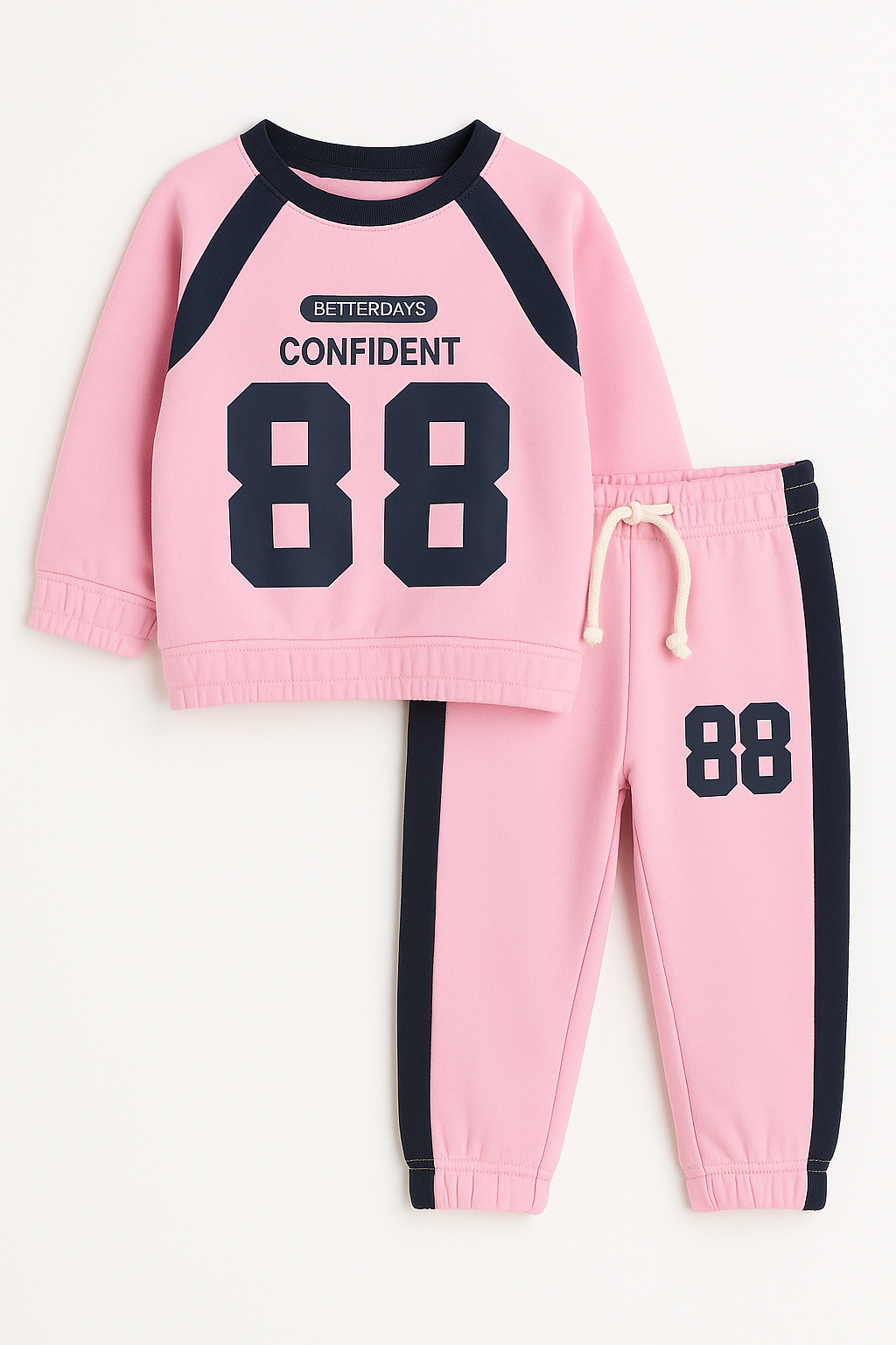 Confident 88 Kids Tracksuit – pink and navy two-piece set with sweatshirt and pants, featuring Better Days print.