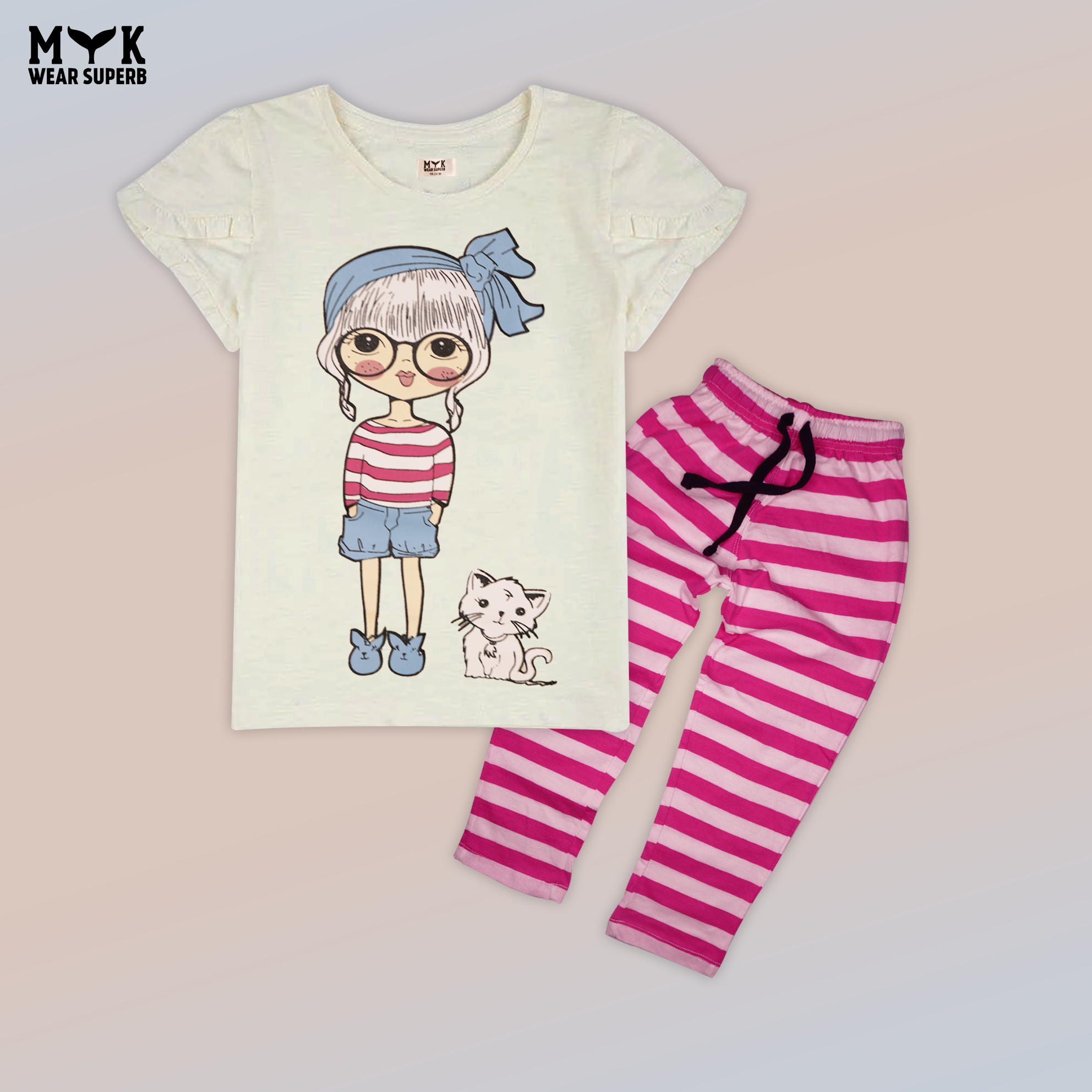 Cute Doll & Cat White Printed T-Shirt with Pink Striped Trouser Set