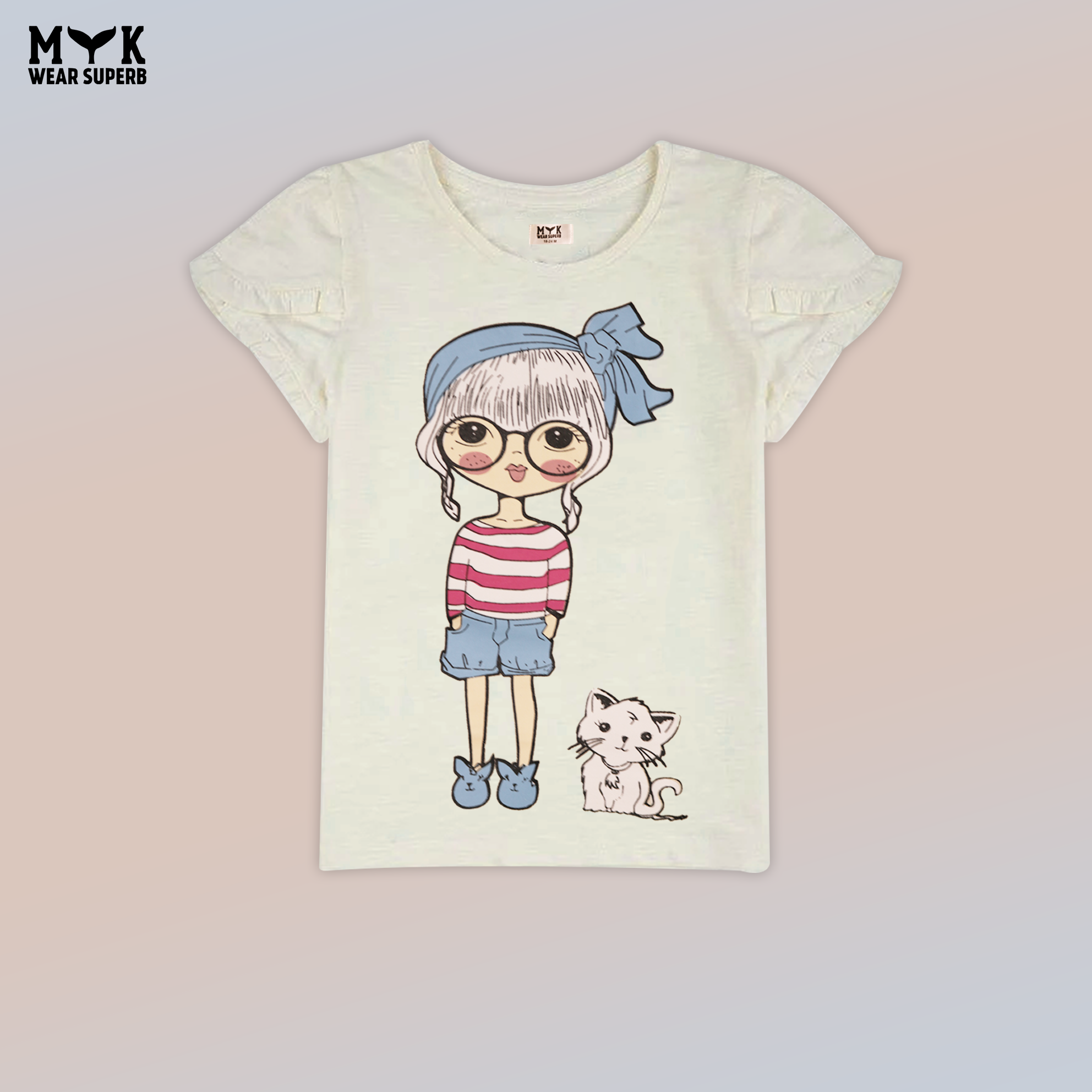 Cute Doll & Cat White Printed T-Shirt with Pink Striped Trouser Set