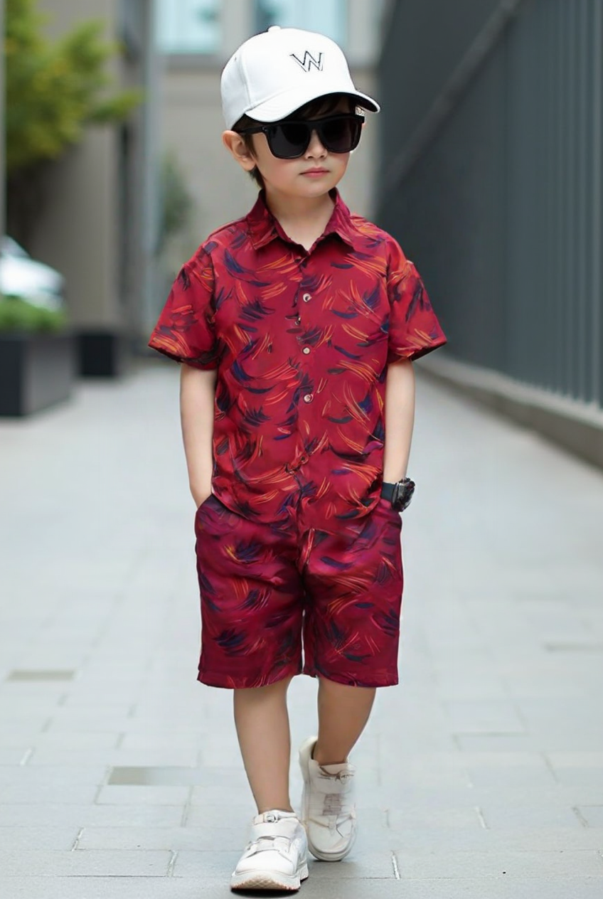 Boys Maroon Linen Printed Co-Ord Set