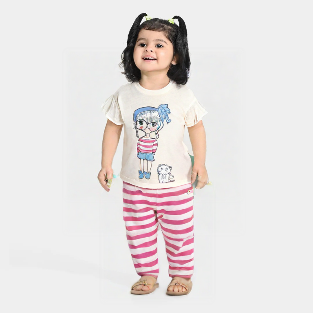 Cute Doll & Cat White Printed T-Shirt with Pink Striped Trouser Set