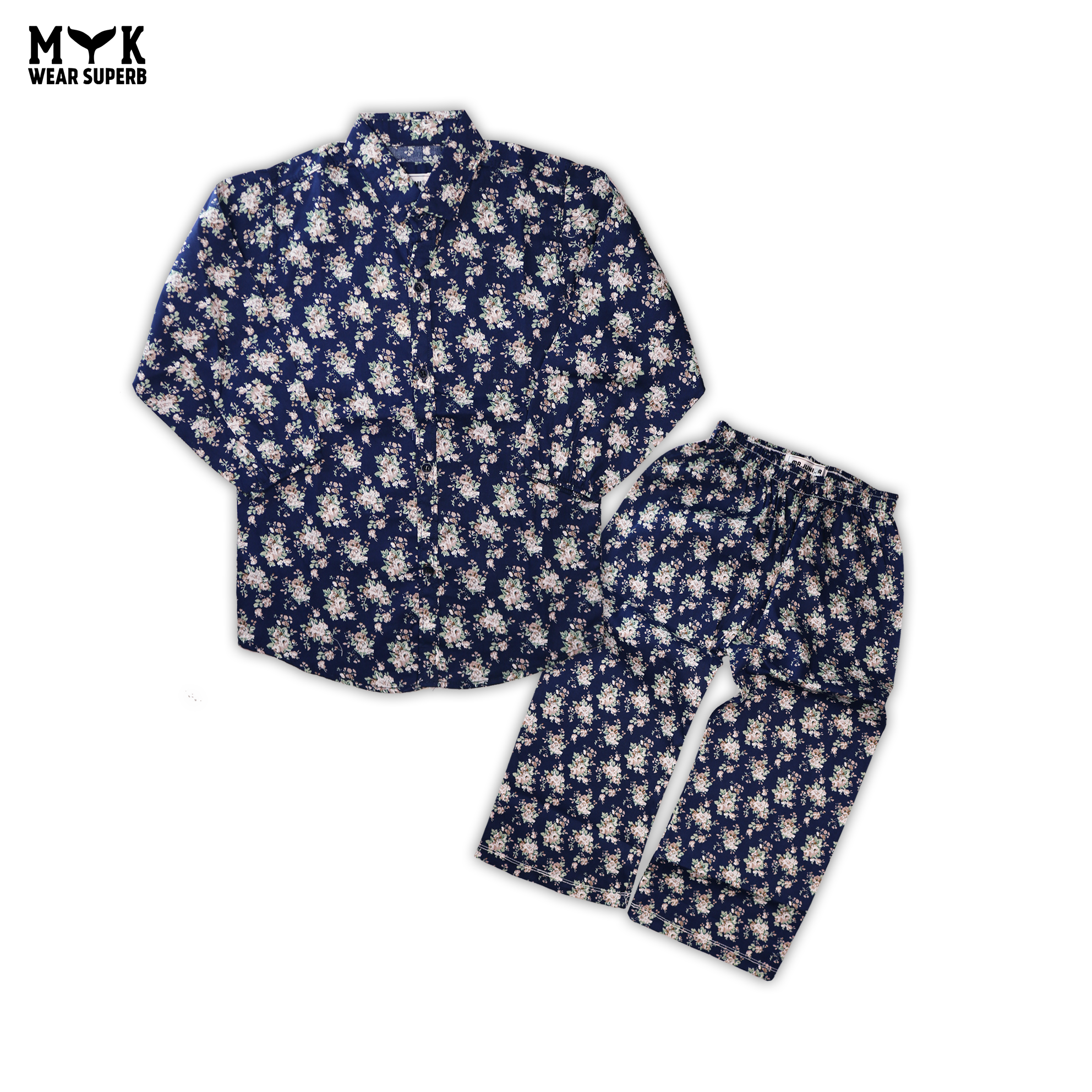 Elegant Floral Printed Night Suit – Navy Blue