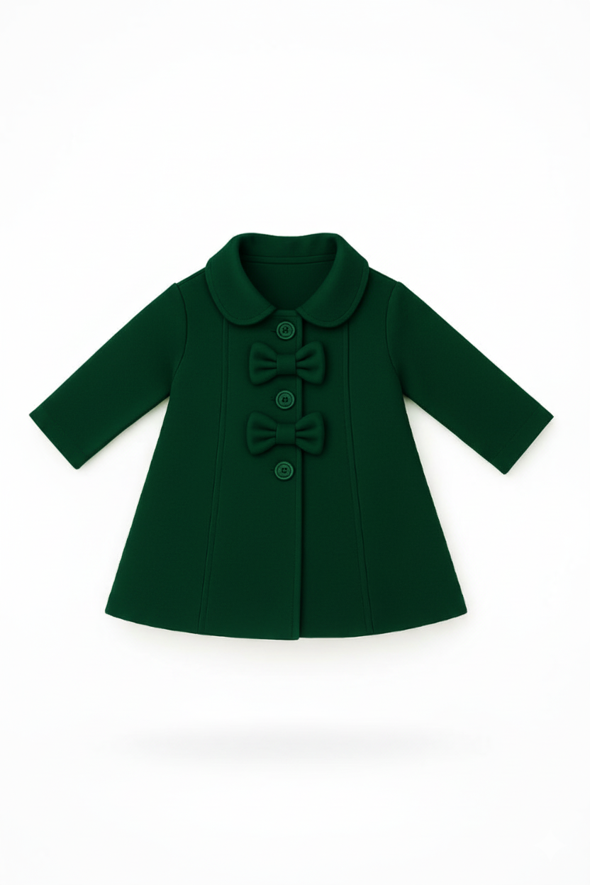Girls’ Green Bow-Detail Wool Coat